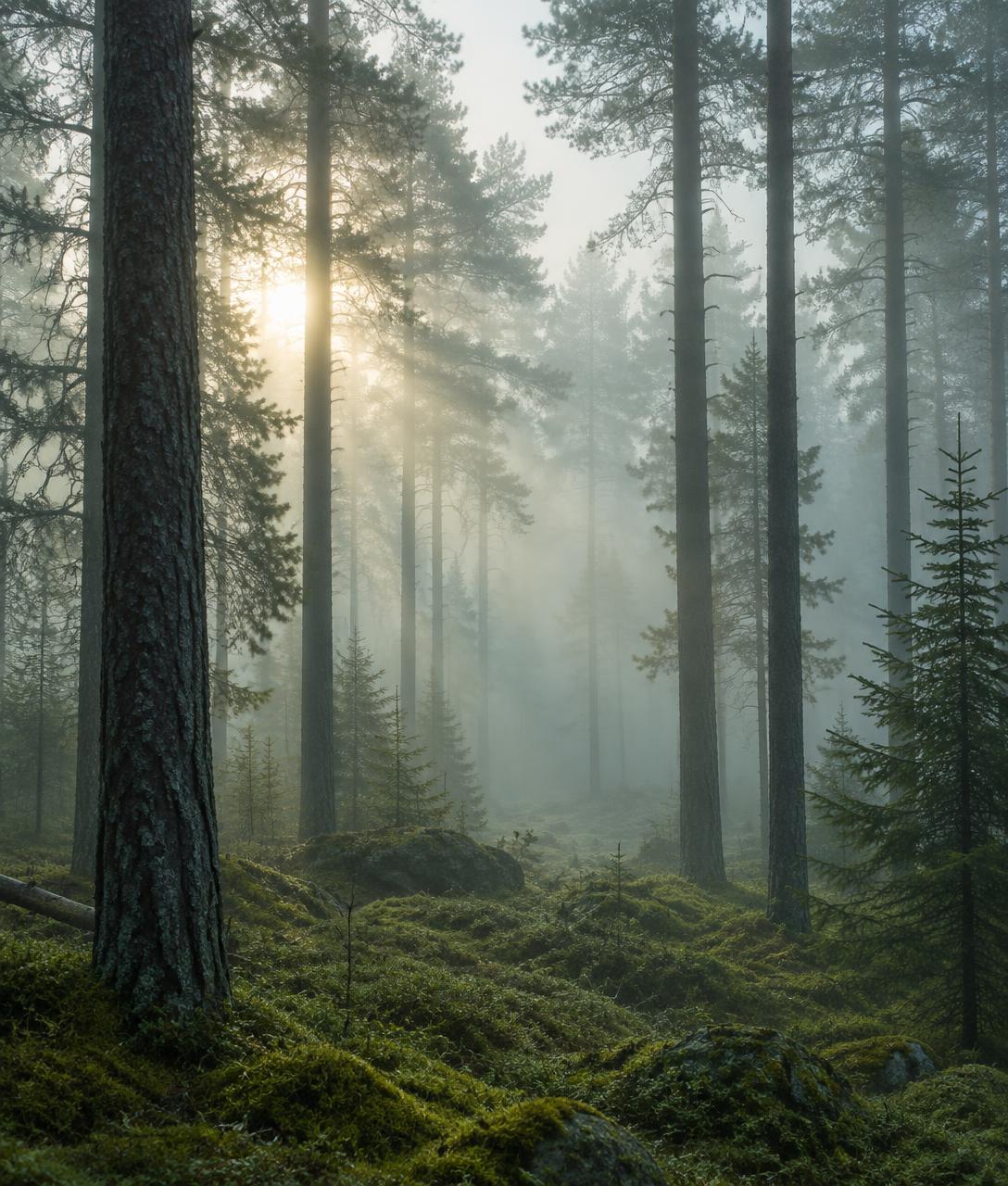 Mist drifting between tall pines at dawn